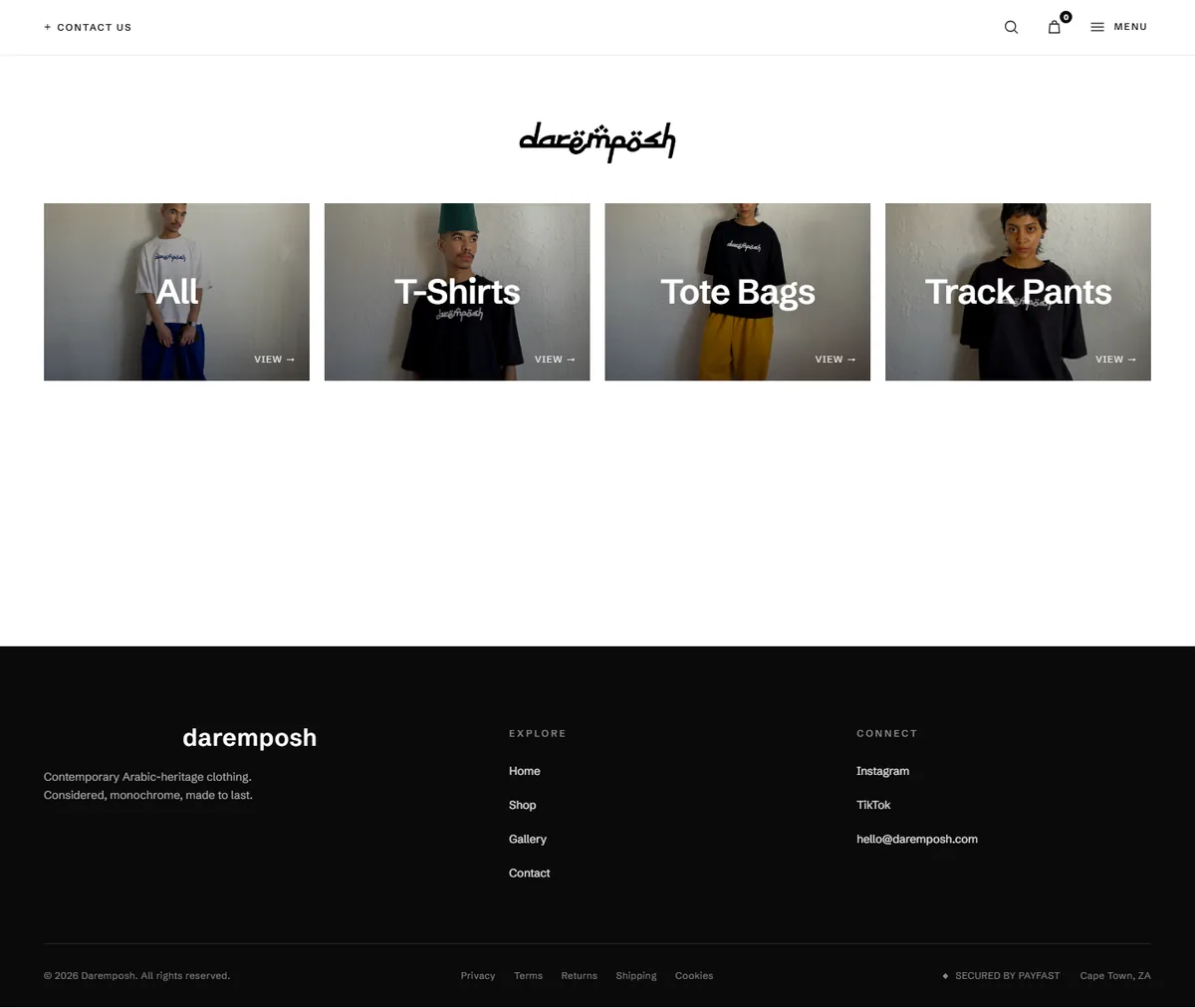 The Daremposh online store: category tiles for T-shirts, tote bags and track pants.