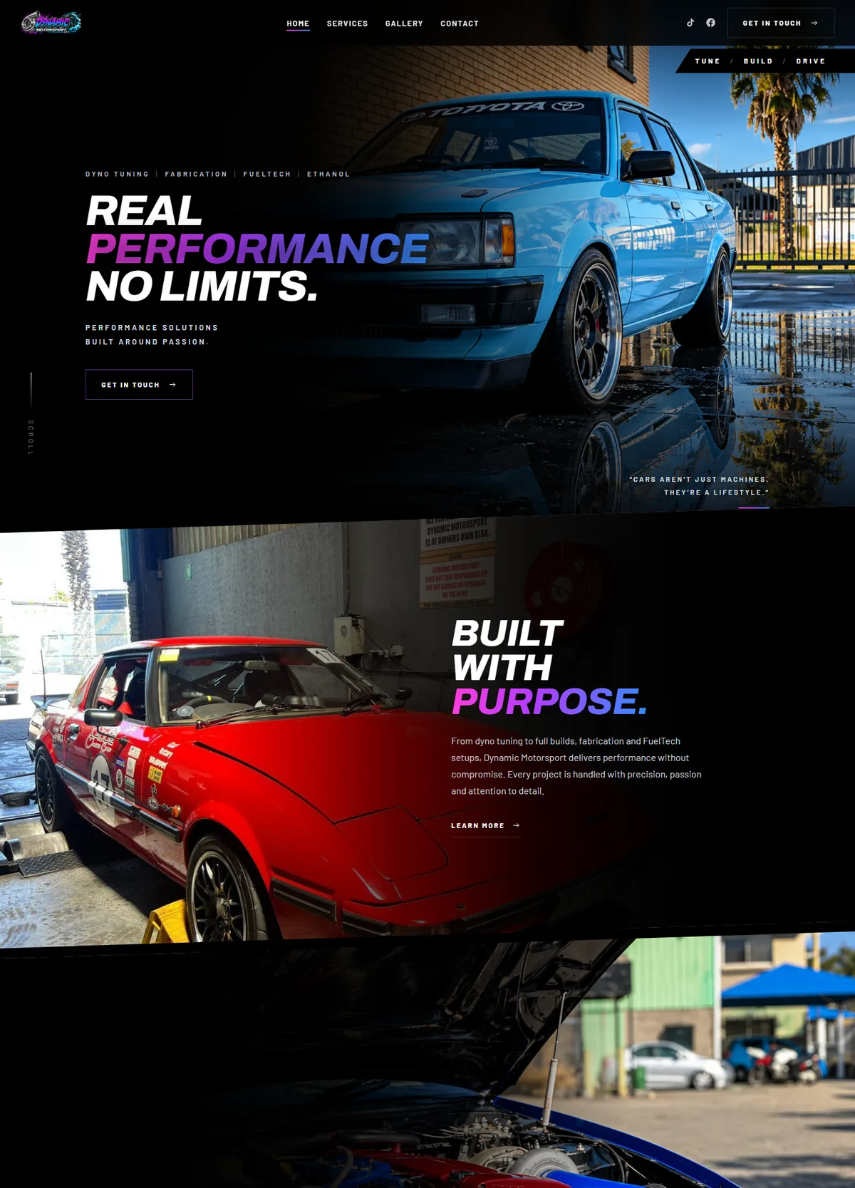 Dynamic Motorsport home page: a blue Toyota in the hero and workshop photography below.