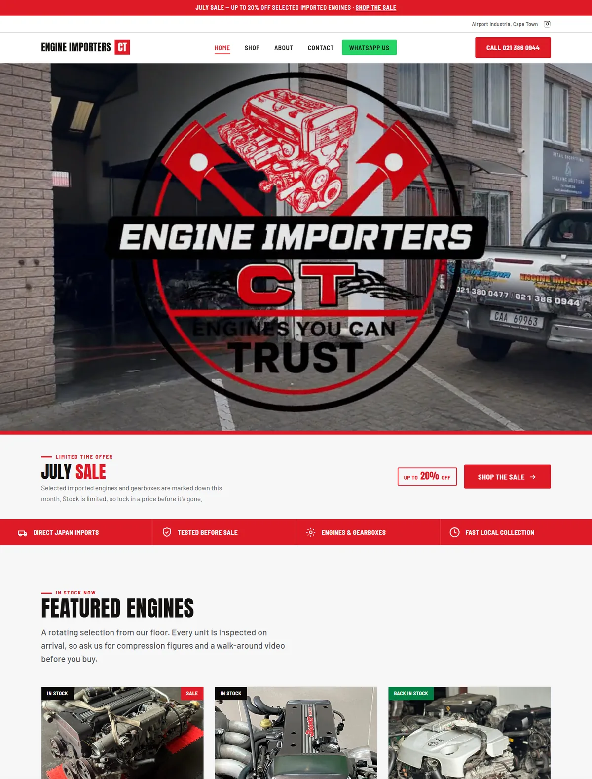 Engine Importers CT home page with its hero, sale banner and featured engines.