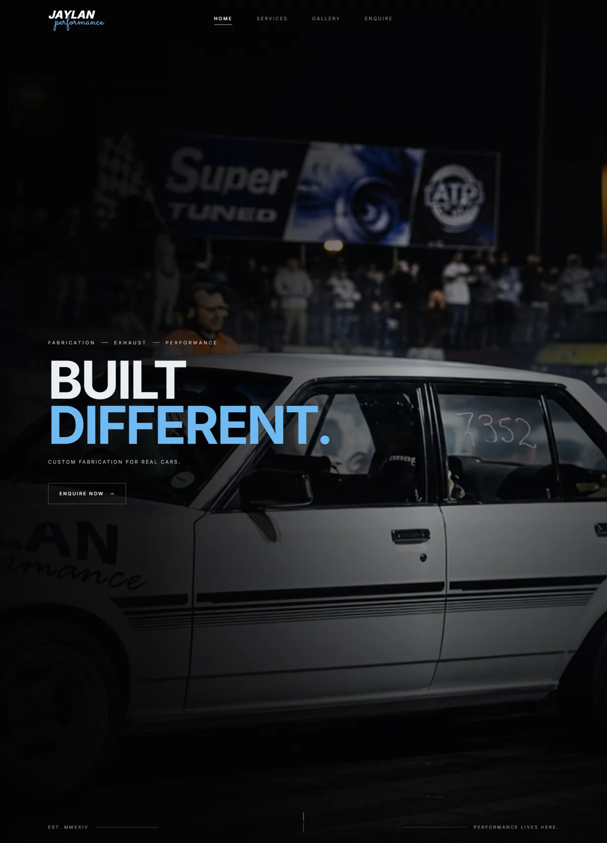 Jaylan Performance home page with the Built Different hero over a race car.